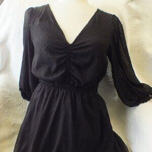 Short Black Swiss Dot V Neck Dress with Sheer Sleeves Size XS/Small